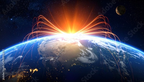 Glowing sunrise over Earth, arcs connecting continents