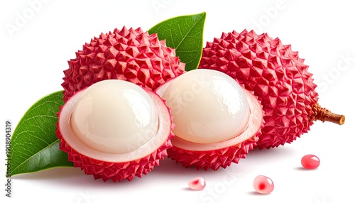 Ripe red lychees, one sliced open revealing white flesh