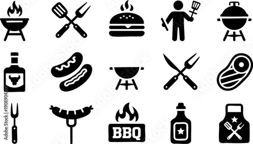 Barbecue and Grill Icon Set – BBQ Tools, Burger, Steak and Outdoor Cooking Symbols