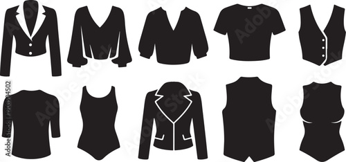 Collection of various black clothing silhouettes for fashion design