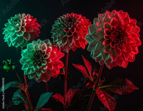 Dahlia blooms bathed in vibrant red and green light