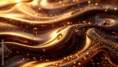 Glistening golden fluid swirls with tiny shimmering particles