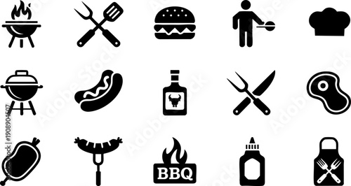 Barbecue and Grill Icon Set – BBQ Tools, Burger, Steak and Outdoor Cooking Symbols