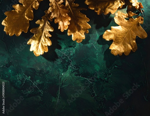 Golden oak leaves on a dark green marbled background