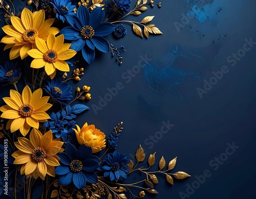 Blue and yellow floral arrangement on dark blue textured background