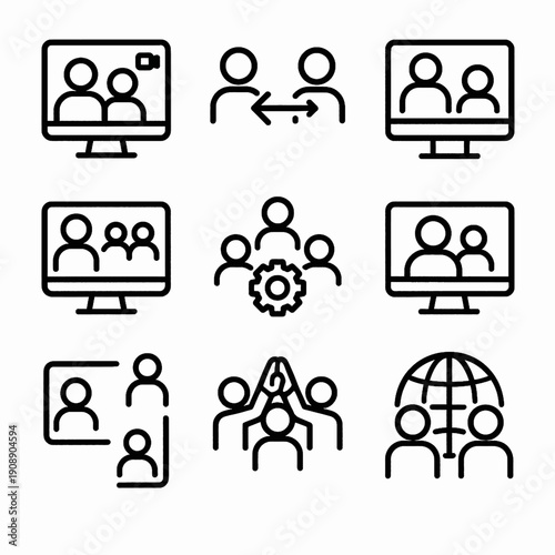 Set of line icons representing online meetings, teamwork, collaboration, and global communication concepts