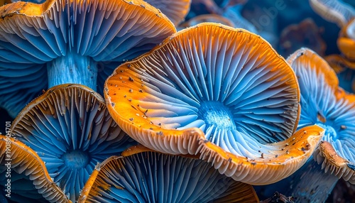Close-up of glowing orange mushroom gills in blue light