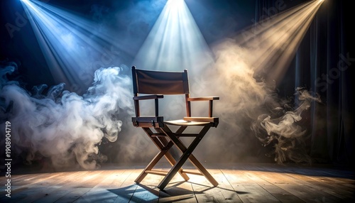 A lone director's chair bathed in dramatic spotlights and smoke