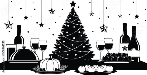 Christmas dinner table silhouette, festive holiday banquet with tree and wine, winter celebration party decor for family gathering and dinner,