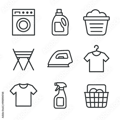 Laundry and Washing Line Icons Set: Modern Outline Symbols for Household Chores, Cleaning, Garment Care Appliances and Supplies