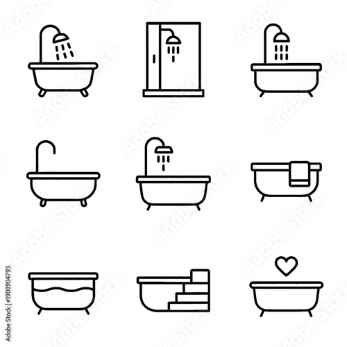 Bathtub and Shower Line Icons Set - Modern Bathroom Fixtures and Hygiene Symbols for Web and Mobile UI Design.