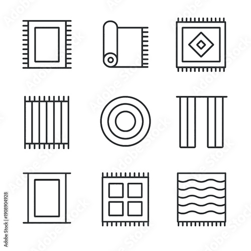 Collection of nine different rug and carpet icons in a clean, modern line art style, isolated on white.