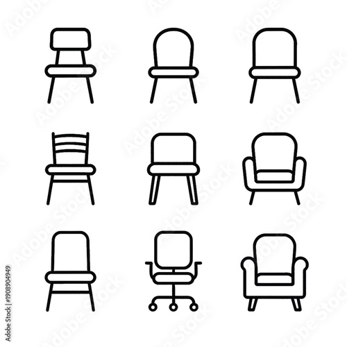 Collection of nine different chair icons in a simple outline style, arranged in a 3x3 grid