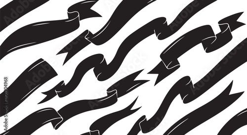 Black ribbons flowing on white background in abstract pattern