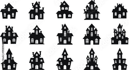 Halloween haunted house silhouette set featuring spooky dark mansions, gothic architecture, eerie windows, and creepy horror night buildings