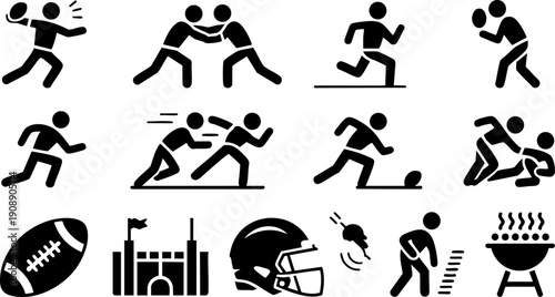 Sports Activity Icon Set – Running, Football, Rugby and Fitness Silhouette Collection