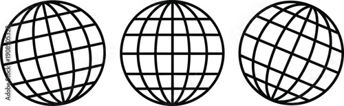 Global grid icons, earth wireframe symbols, world network graphics, spherical longitude latitude vectors, internet connection map, geography linear globe illustration set.
