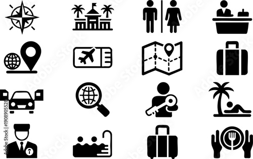 Travel and Tourism Icon Set – Vacation, Hotel, Transport and Holiday Pictogram Collection