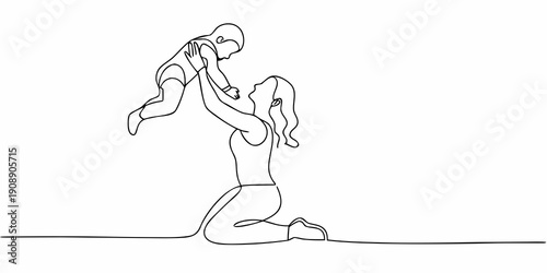 A mother playfully lifting her child in a continuous line drawing