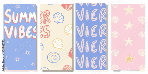 Four brightly colored book covers with summer themed lettering and illustrations