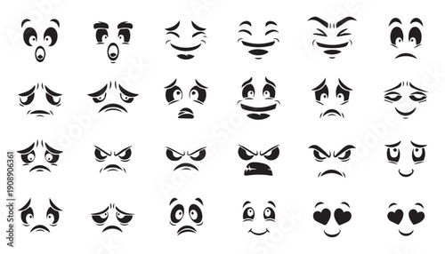 Cartoon Facial Expressions Vector Set of Funny and Sad Emotion Eyes and Mouths