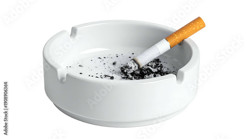 A white ceramic ashtray filled with ash and a lit cigarette