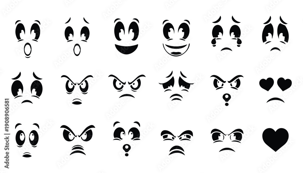 Obraz premium Comic Cartoon Face Expressions Set with Emotional Eyes and Mouths for Avatars & Emojis