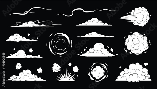Cartoon Smoke Dust Wind Effects Vector Set on Dark Background