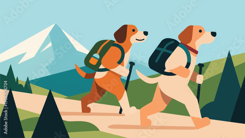 Illustration Of A Dog Hiking On A Light Mountain Trail, Carrying A Small Backpack, An Active And Healthy Lifestyle Vector Design Template
