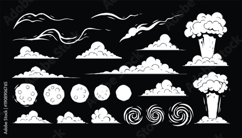 Cartoon White Smoke, Explosion, and Dust Cloud Elements on Black for VFX & Design