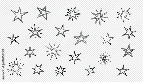 Hand-Drawn Doodle Stars Elements on Transparent Background for Creative Projects