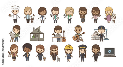 A diverse collection of cartoon characters representing various professions and hobbies, depicted in a simple, flat illustration style.