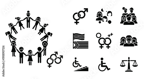 A diverse group of people holding hands in a circle, symbolizing unity and inclusion, alongside various icons representing gender, equality, and accessibility.