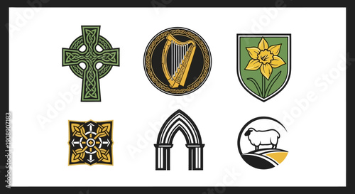 Collection of six distinct cultural and symbolic icons, including a Celtic cross, harp, daffodil, geometric emblem, arched doorway, and a sheep on a hill.