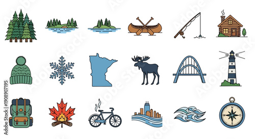 A collection of Minnesota-themed icons including nature, landmarks, and outdoor activities.