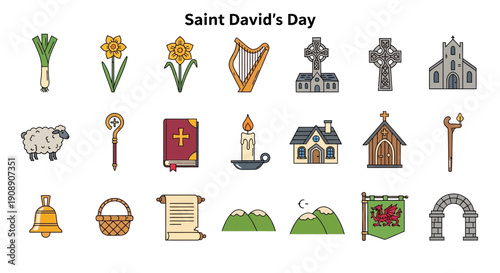 A collection of colorful icons representing Saint David's Day, featuring Welsh symbols like leeks, daffodils, and a dragon flag.