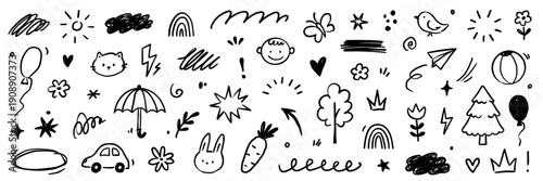 Kid icon line cute element set. Kid icon sketch with line outline and hand drawn art on paper cloud, flower, house background. Childish children cartoon play rainbow, heart, sun. Vector illustration