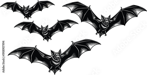 Black bat vector illustration collection with flying silhouettes, detailed wings, creative nocturnal animal artwork, gothic Halloween design elements
