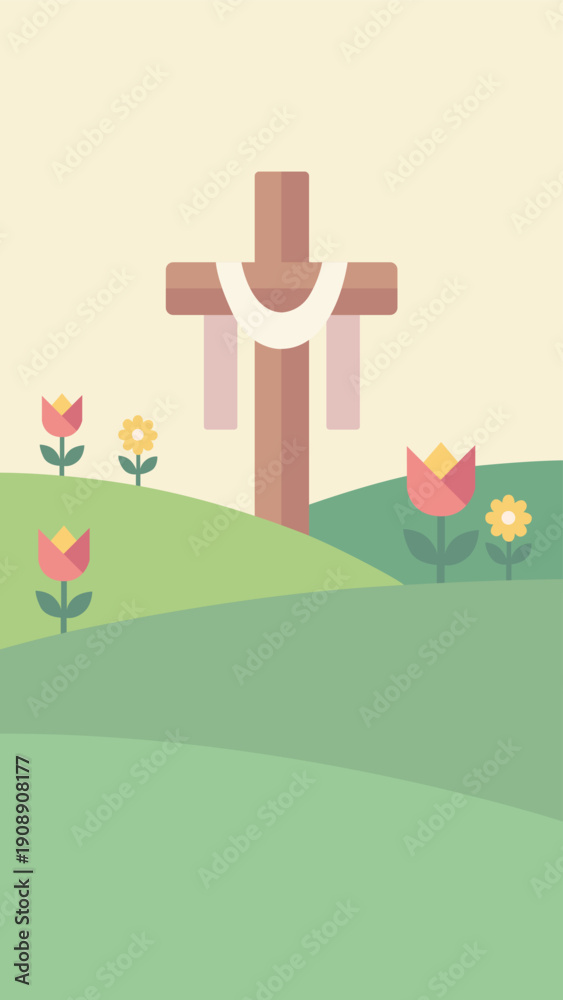 Fototapeta premium Christian Easter Cross on Spring Hills Background for Resurrection Celebration Campaign