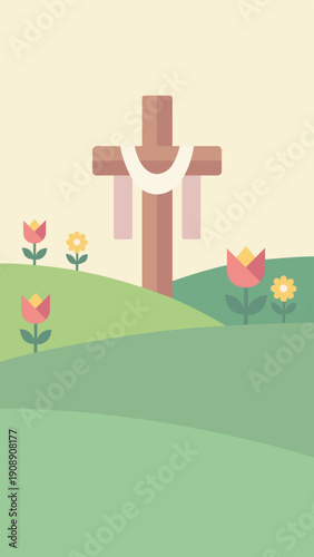 Christian Easter Cross on Spring Hills Background for Resurrection Celebration Campaign
