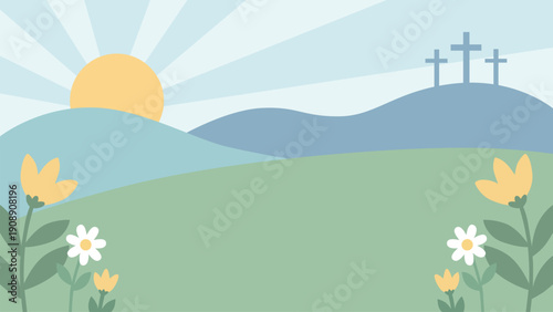 Christian Easter Sunrise with Three Crosses on Hills for Resurrection Celebration Campaign