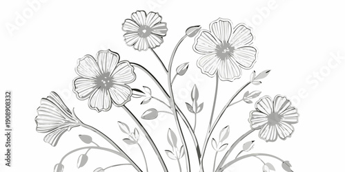 A delicate arrangement of sketched wildflowers in grayscale tones