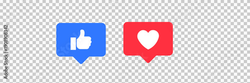 Like and love icon buttons with thumbs up and heart symbols in modern speech bubble shapes. Social media notification and emoji reaction icon set. Vector illustration.