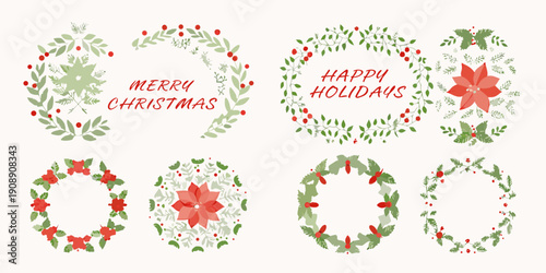 Festive christmas wreath collection with poinsettias and holiday greetings