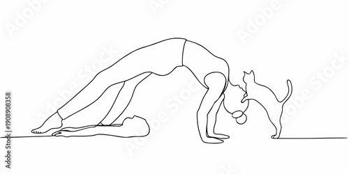 A continuous line drawing depicts a person in a backbend yoga pose