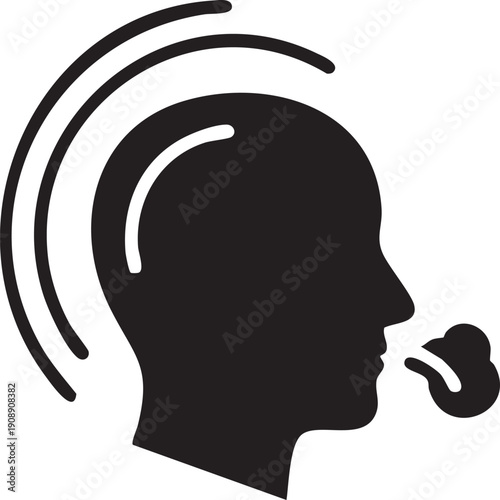 Silhouette of a person's head with breath coming out and wavy lines symbolizing thoughts or sound