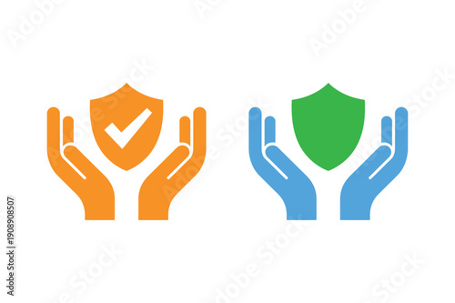 Hands holding protective shields with checkmark and shield icons symbolizing security and protection from various threats in a safe environment viewed from directly above