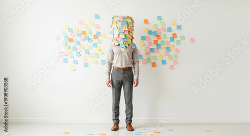 Business professional overwhelmed with colorful sticky notes covering head, representing stress, multitasking, information overload, deadlines, productivity challenges, and modern workplace pressure.