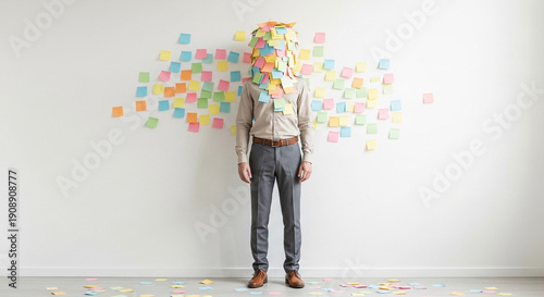 Business professional overwhelmed with colorful sticky notes covering head, representing stress, multitasking, information overload, deadlines, productivity challenges, and modern workplace pressure.