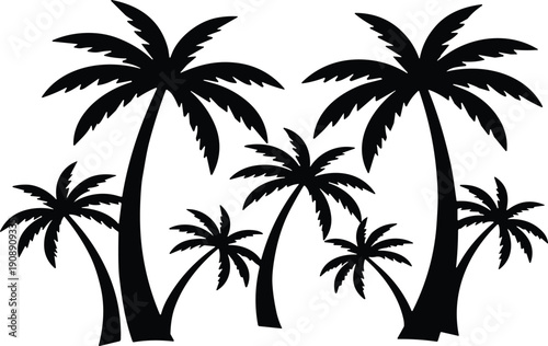 Tropical palm tree silhouette collection exotic island nature black vector illustration set